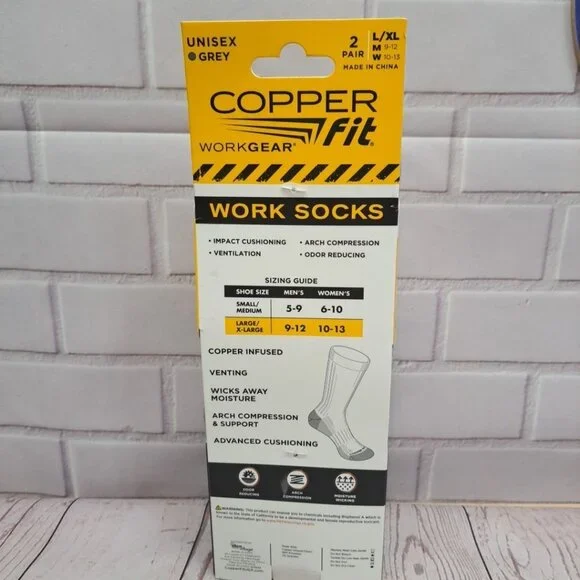 2 Pair Copper Fit Crew Length Work Socks Size L/XL (M 9-12 W 10-13) Grey Socks - Picture 5 of 8
